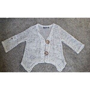 Nina Leonard Open Weave Cardigan, Big Buttons, Asymmetrical, Cream/gray. Size Sm